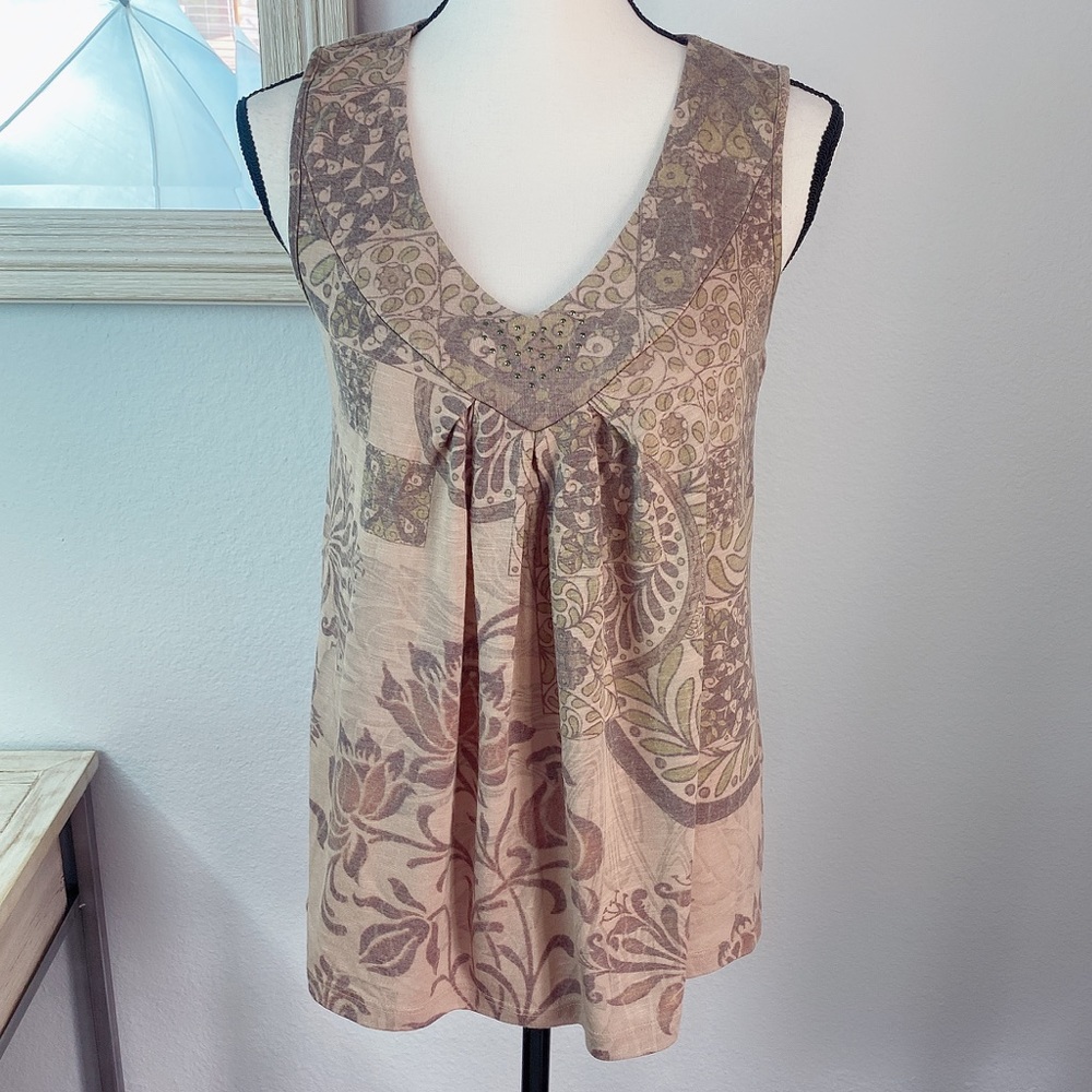Apt. 9 Womens Tan Floral Patchwork V-Neck Sleeveless Top Size S